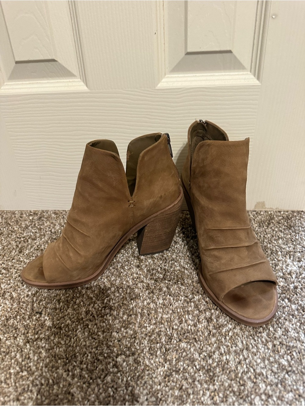 Vince Camuto Brown Suede Peep-Toe Block Heel Booties